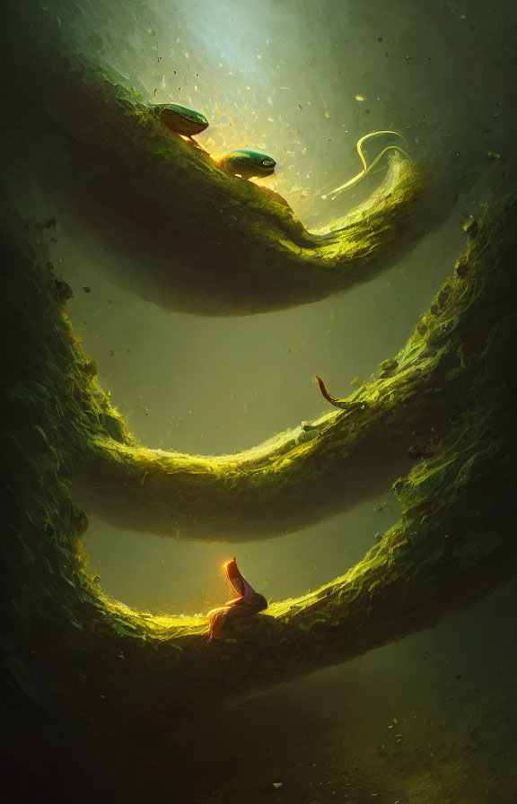 Vertical surreal landscape with glowing fish, mossy green platforms, and golden light