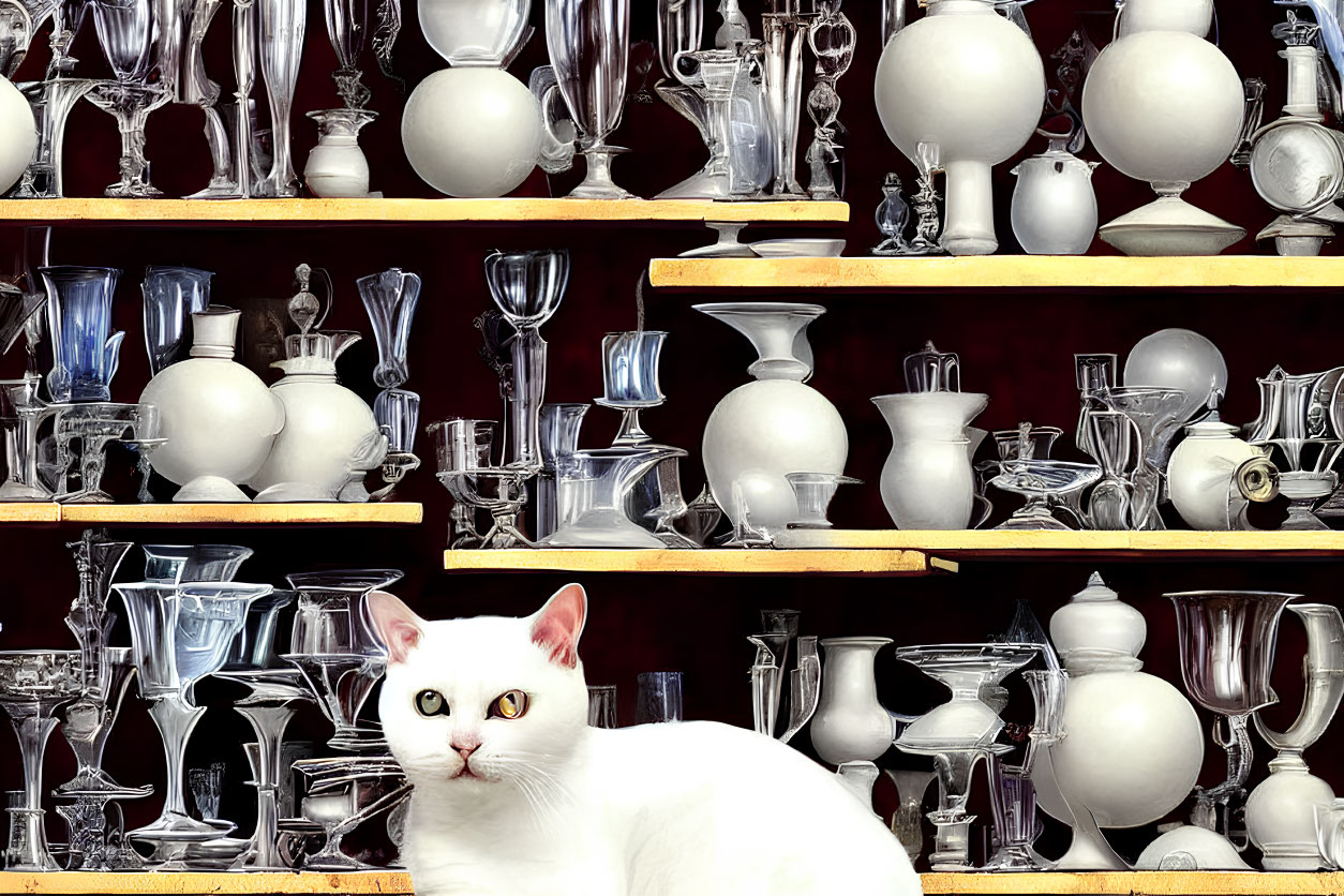 White Cat with Yellow Eyes Among Glassware and Vases