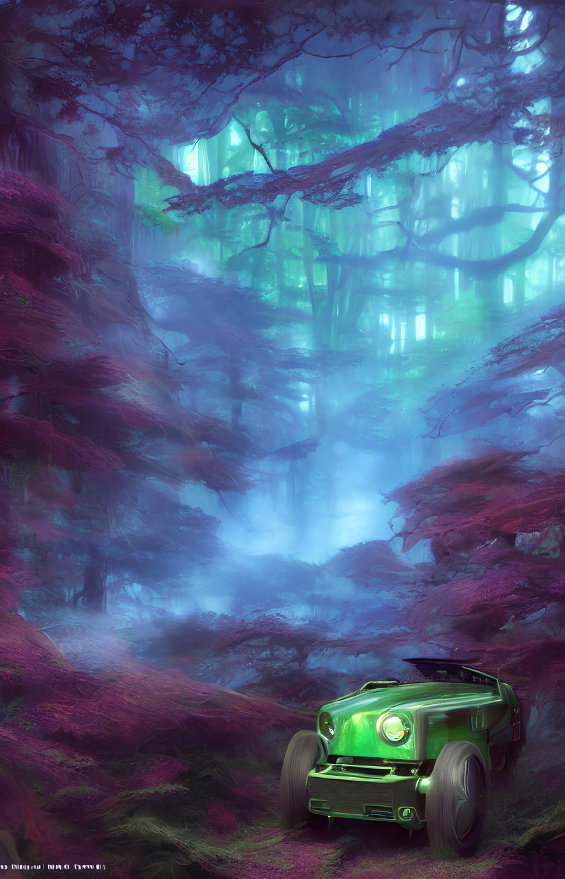 Surreal forest scene with green futuristic car under blue lights