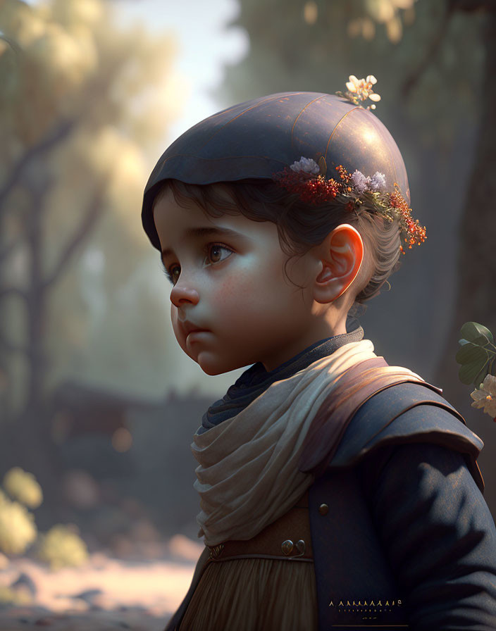Digital artwork of young child with big eyes in decorated helmet in serene forest backdrop
