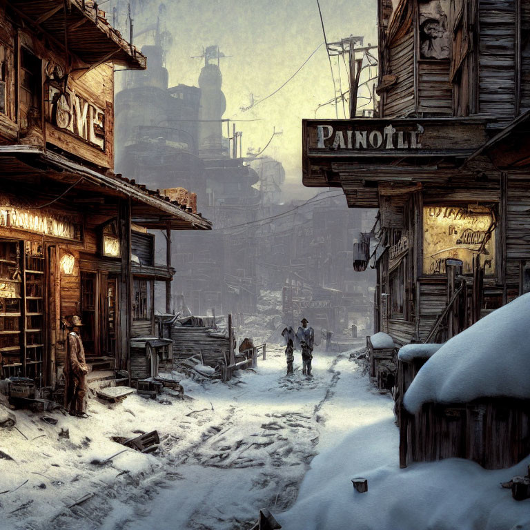 Snow-covered rustic street with old wooden buildings and industrial towers in the background.
