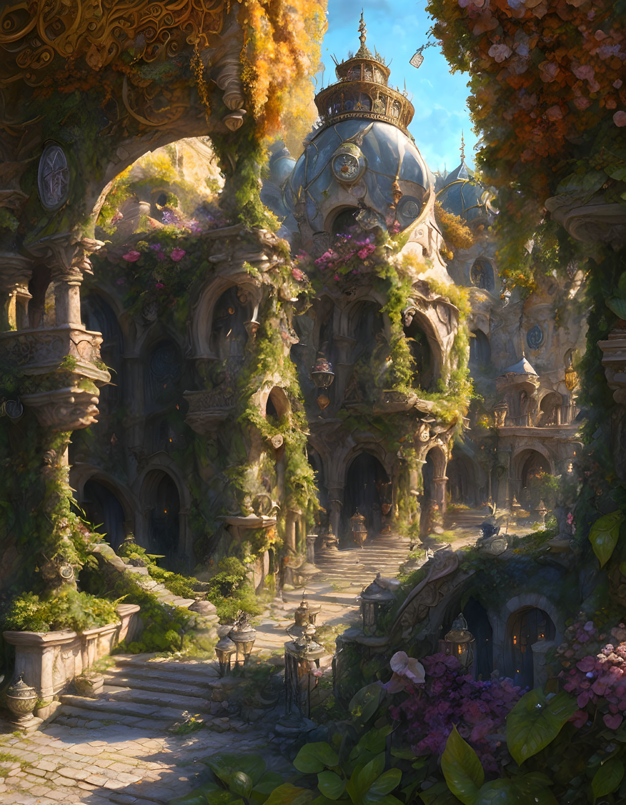 Sunlit Castle with Flowering Vines and Lush Surroundings