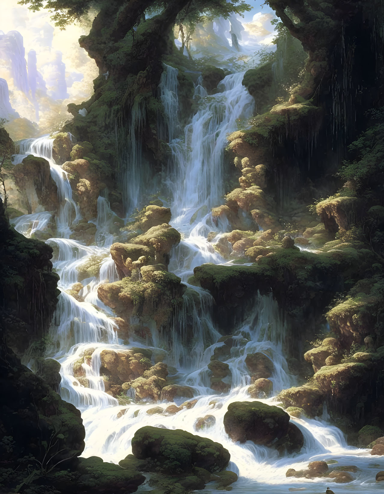 Tranquil waterfalls in mossy rocks amid misty forest