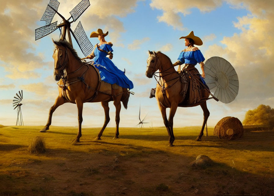 Cowboy attire individuals on horseback with windmill and grassy hills