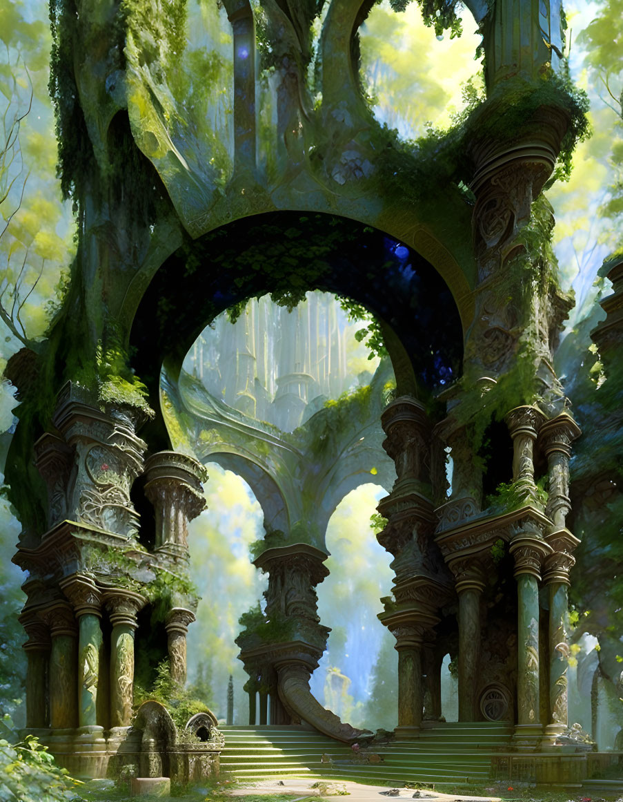 Enchanting forest with ancient ruins and towering trees