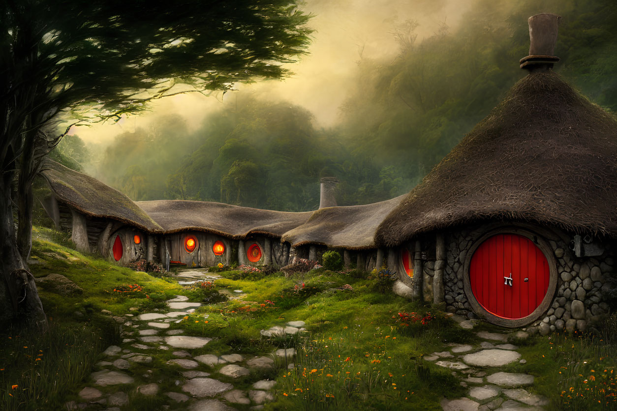 Forest scene with cozy cottages, red doors, stone pathways, mist, warm light