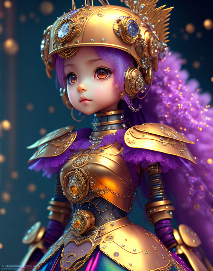 Detailed CG image: Character in ornate golden armor with purple accents, intricate designs, and feathered