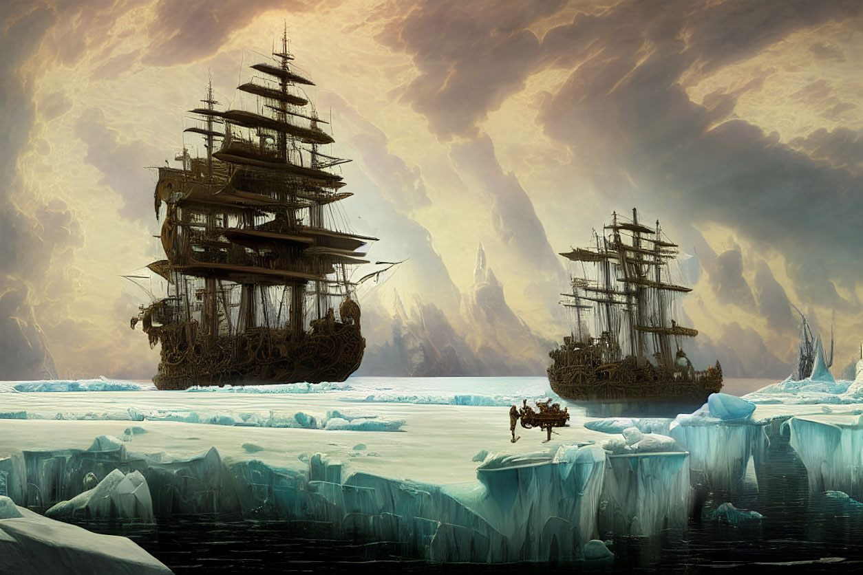 Majestic tall ships in icy waters with towering icebergs