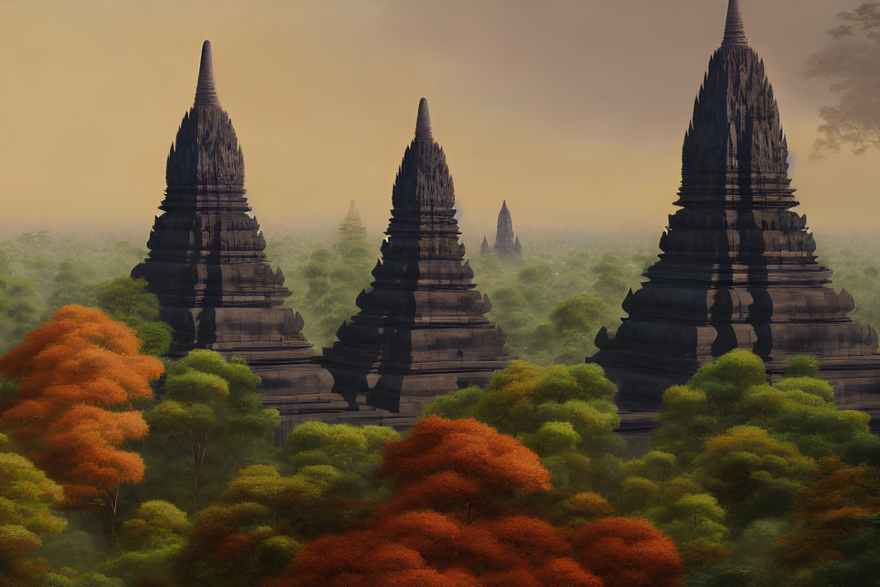 Ancient Temple Spires Tower Over Vibrant Orange Forest