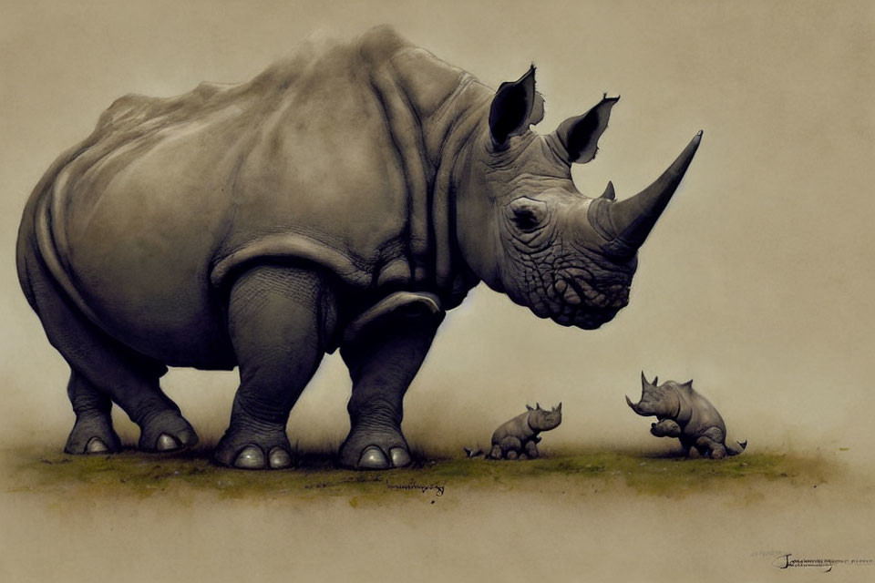 Monochromatic Family of Rhinoceros Sketch on Textured Background