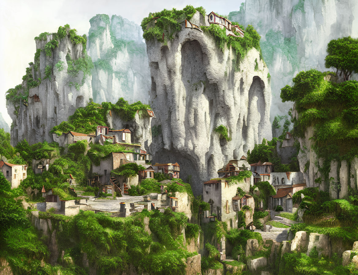 Picturesque Cliffside Village with Stone Houses and Lush Greenery