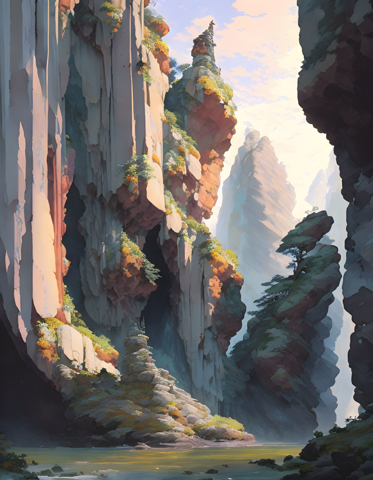 Vertical Cliffs with Lush Greenery by Serene River