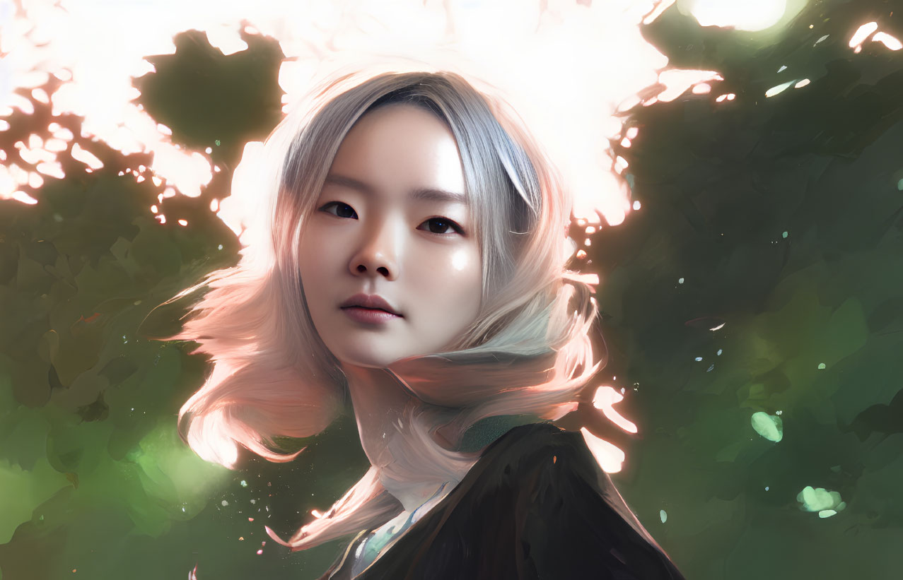 Digital portrait of woman with flowing hair in serene expression against soft greenery.