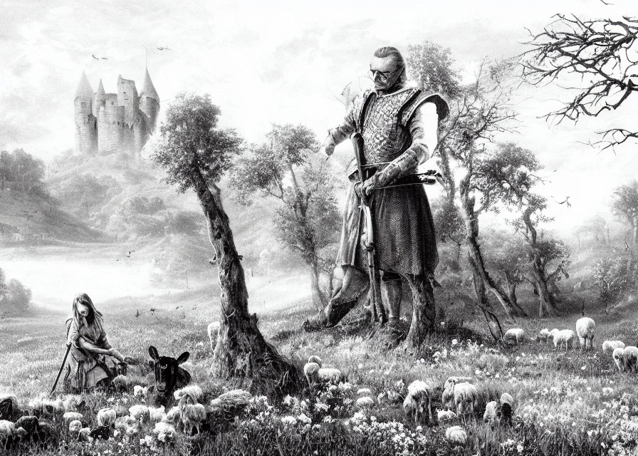 Medieval knight overseeing shepherd and sheep in countryside.