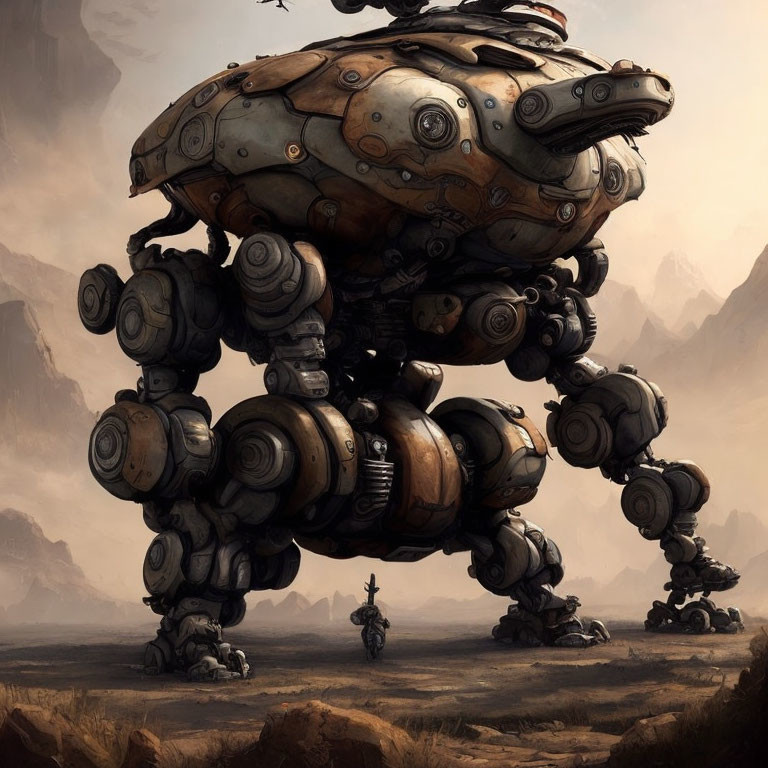 Mechanized walker with spherical joints in barren landscape