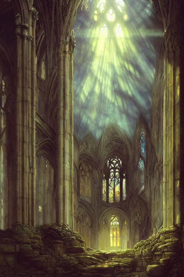 Abandoned Gothic cathedral with overgrown ruins under sunlight