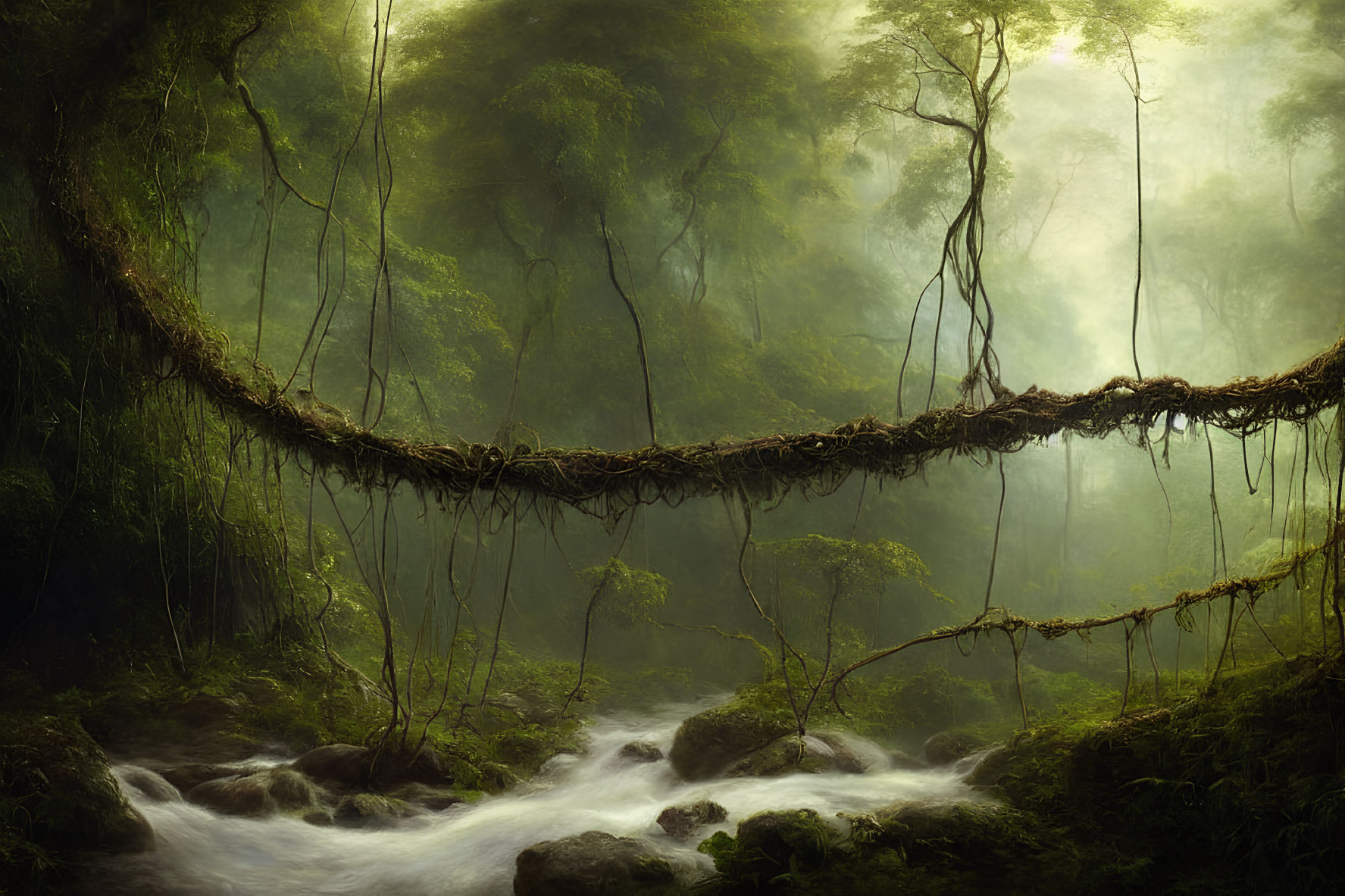 Enchanting forest scene with vine bridge over stream