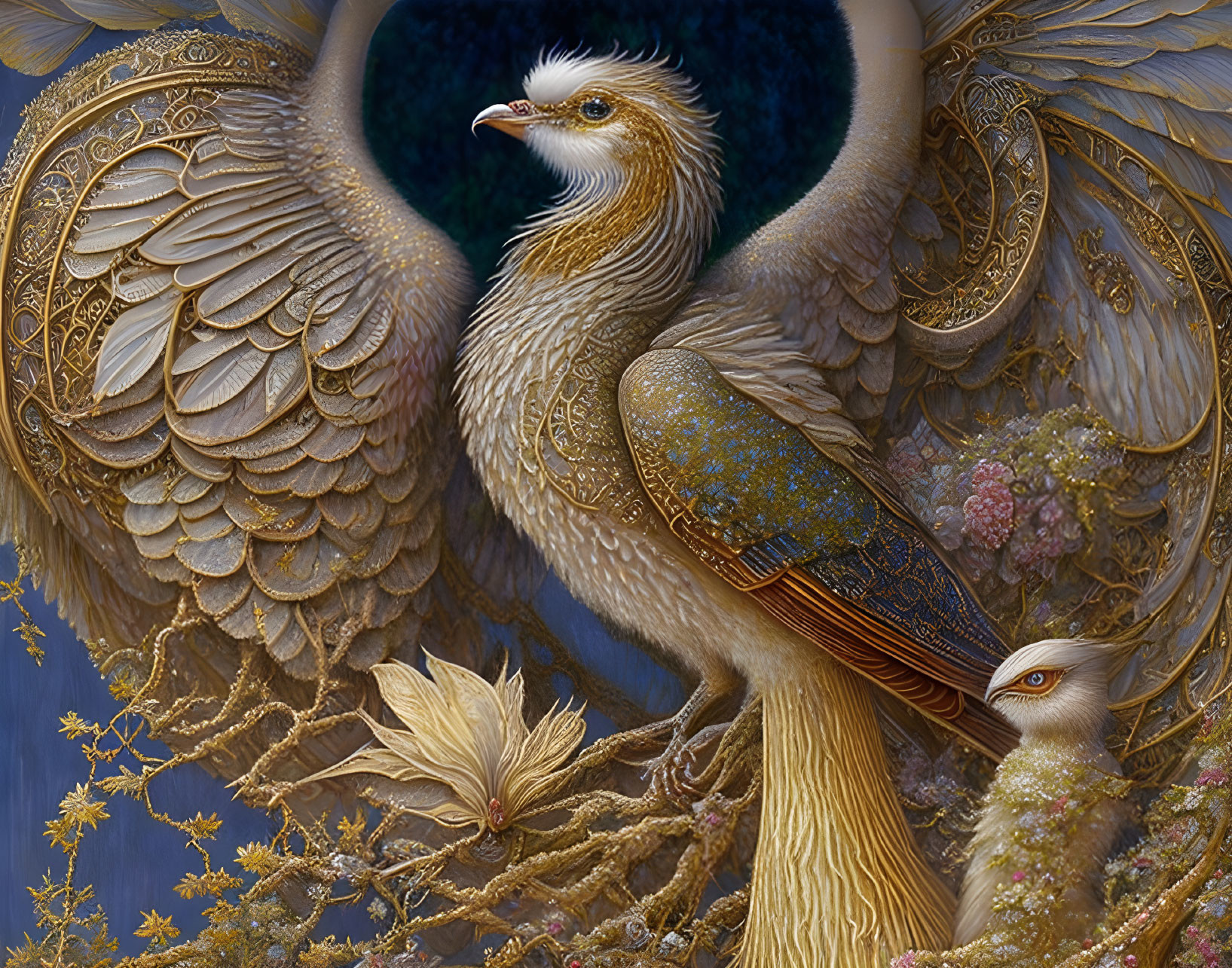 Ornate fantastical bird artwork with intricate feather patterns