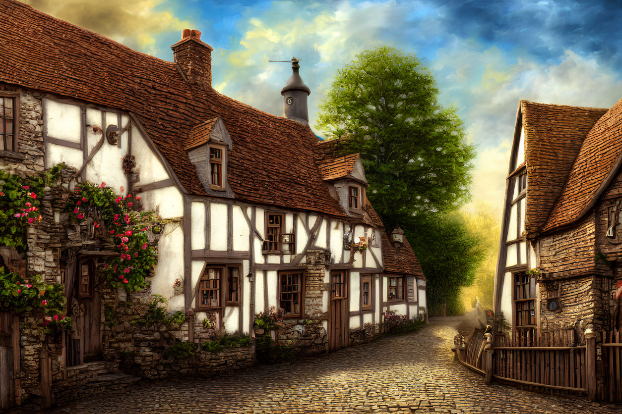 Traditional half-timbered houses on cobblestone street with flowers under golden sunlight