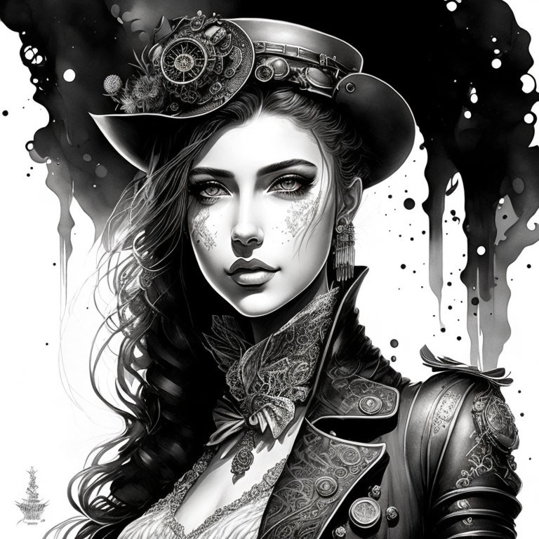 Monochrome steampunk woman illustration with gear-adorned hat.