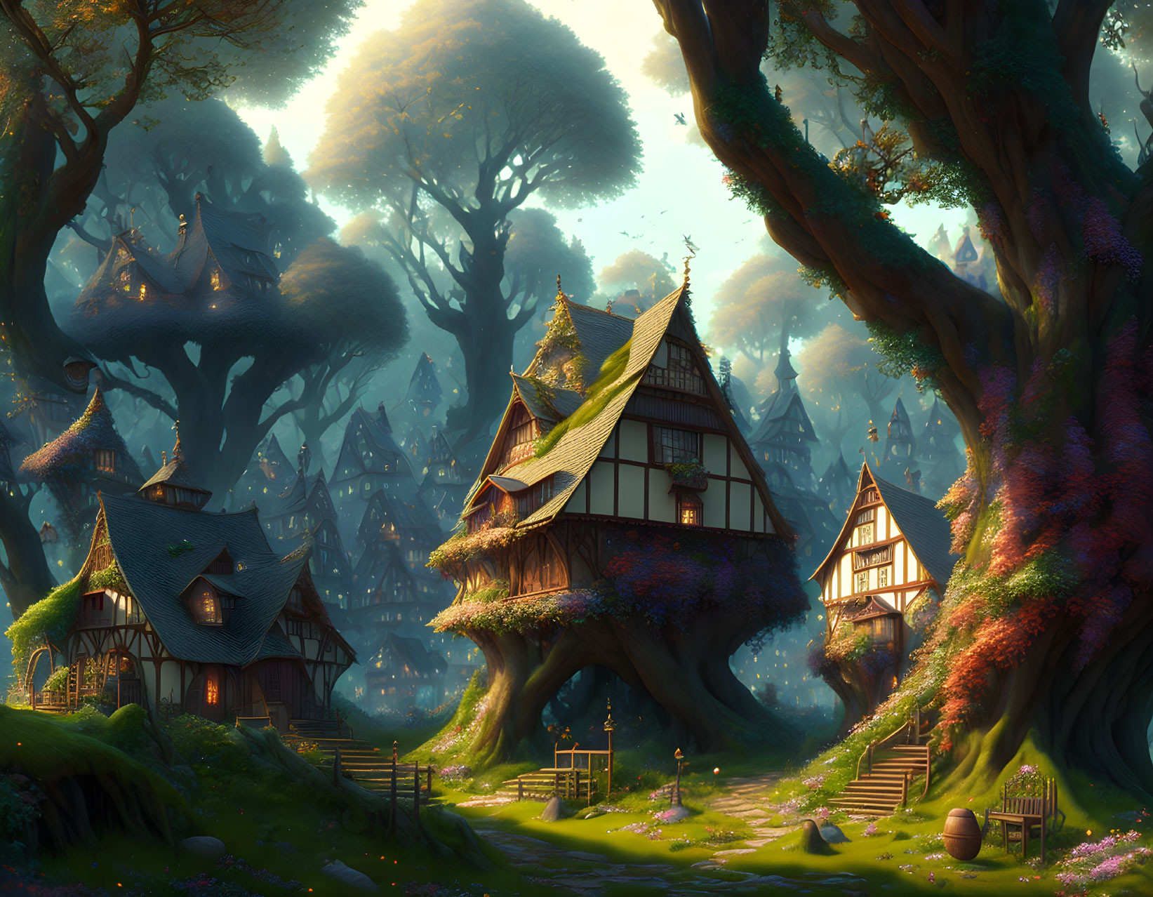 Whimsical treehouses in an enchanted forest with vibrant flora and glowing sunbeam