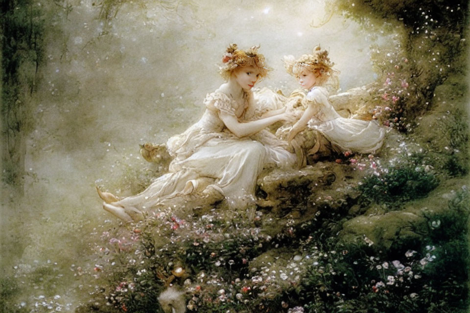 Ethereal women in white gowns amid enchanted forest glade