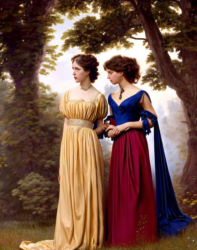 Two women in elegant historical dresses standing in serene forest landscape