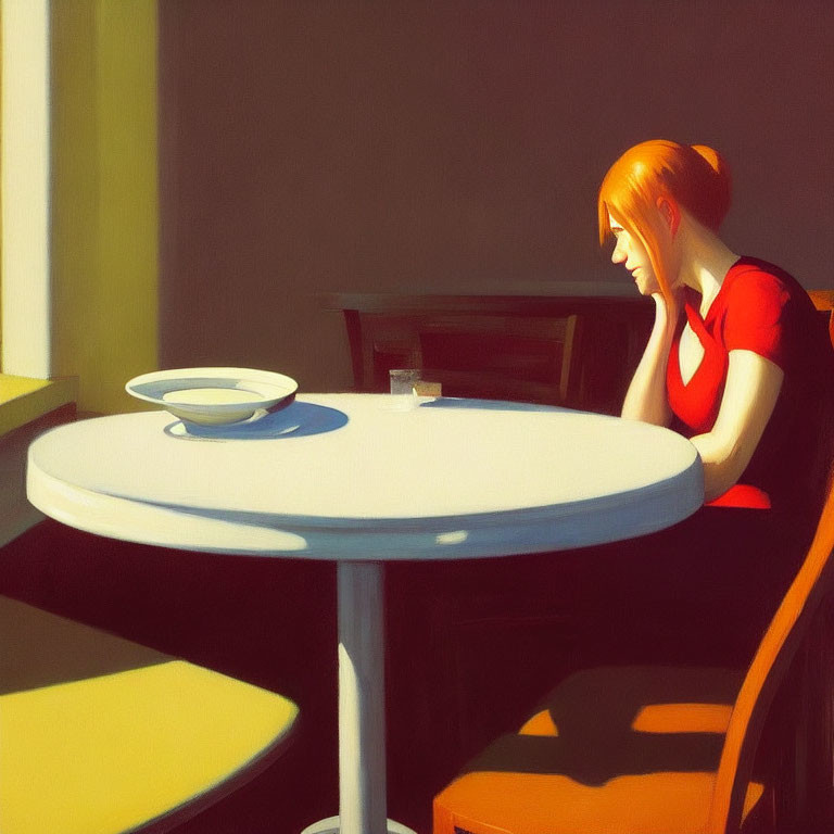 Red-haired person in red top sitting at white table with bowl and cup in soft sunlight