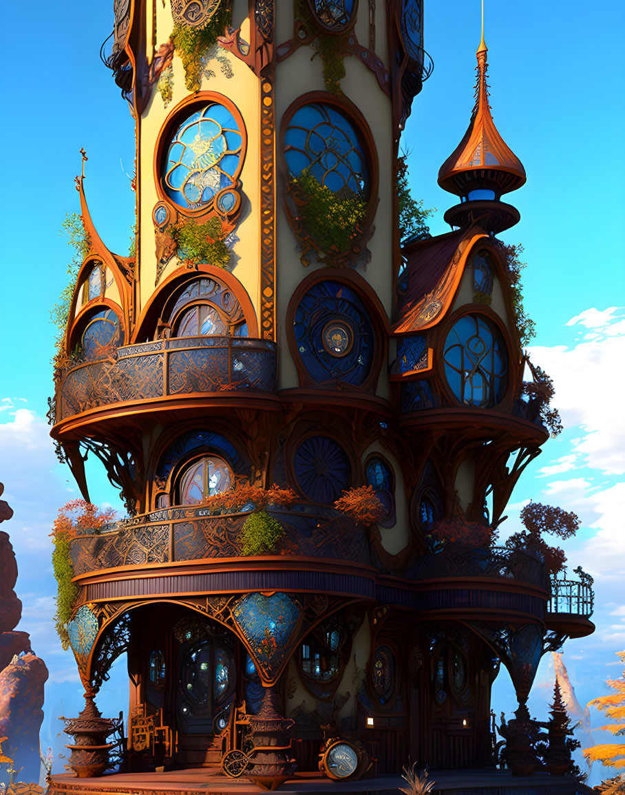 Fantastical multi-story tower with intricate design in rocky landscape