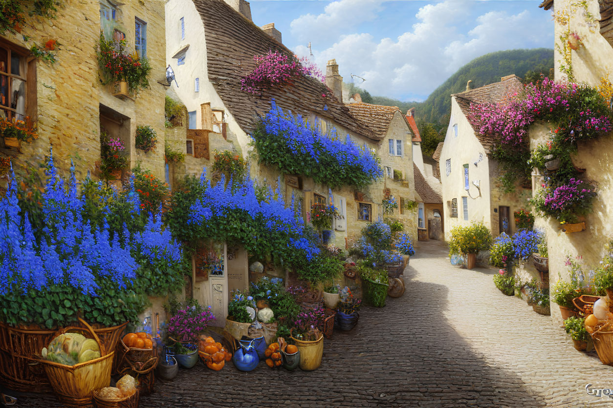 Traditional Stone Houses with Blue Flowers on Cobblestone Street