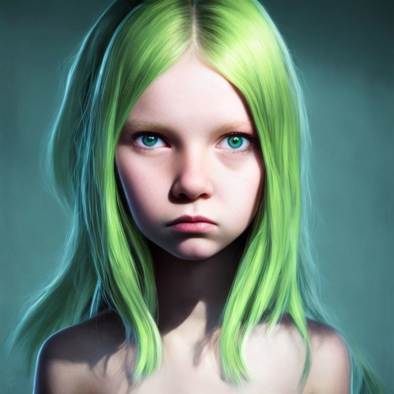 Young girl with vibrant green hair and blue eyes in serious pose.