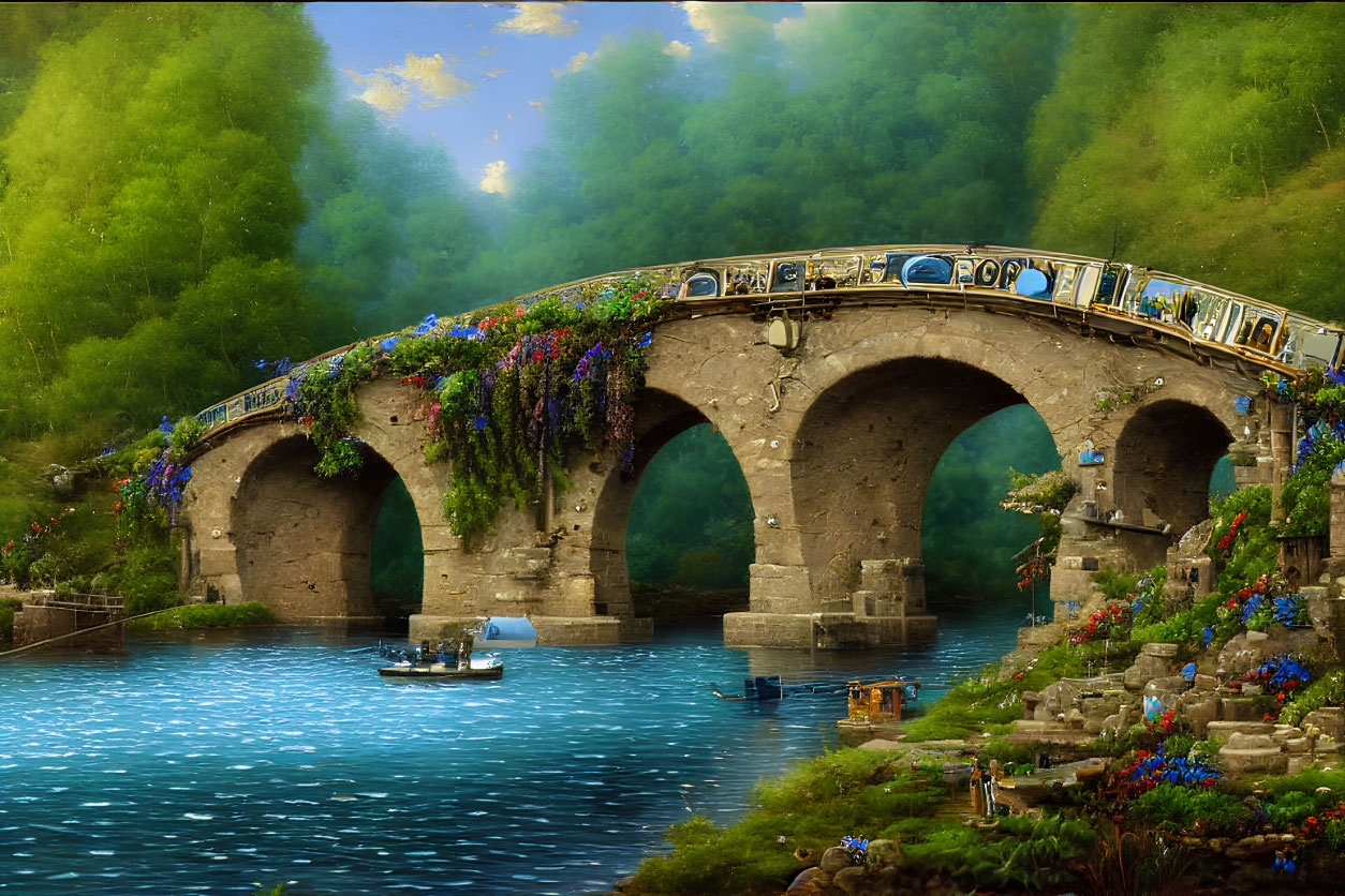 Stone bridge with colorful flowers over serene river and boat sailing amidst lush greenery