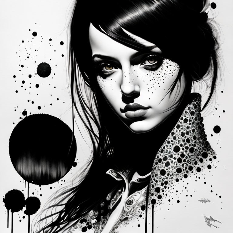 Detailed Monochrome Portrait of Woman with Intense Gaze and Splatter Effects