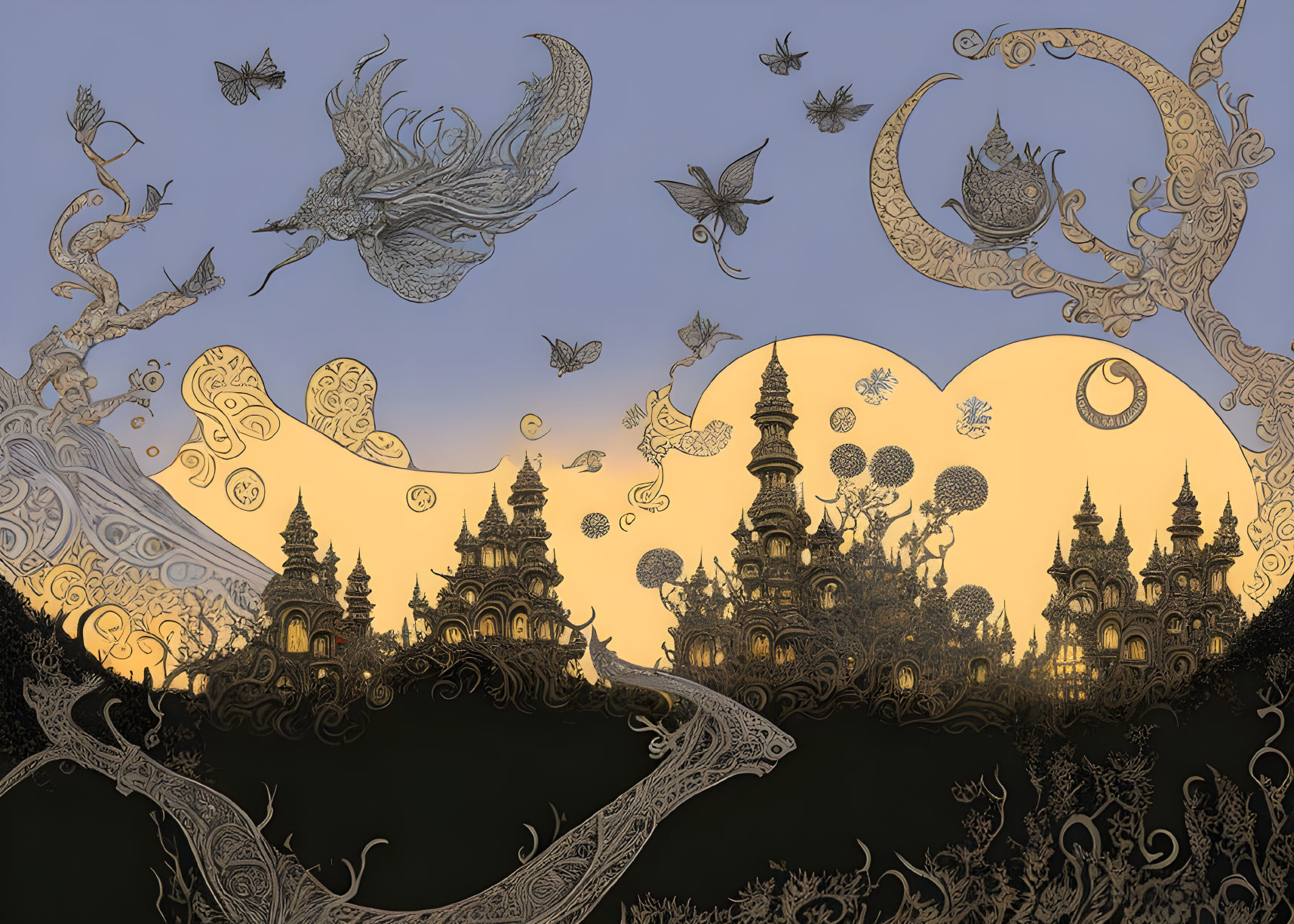 Fantastical Eastern-style architecture with mythical creatures in twilight sky.