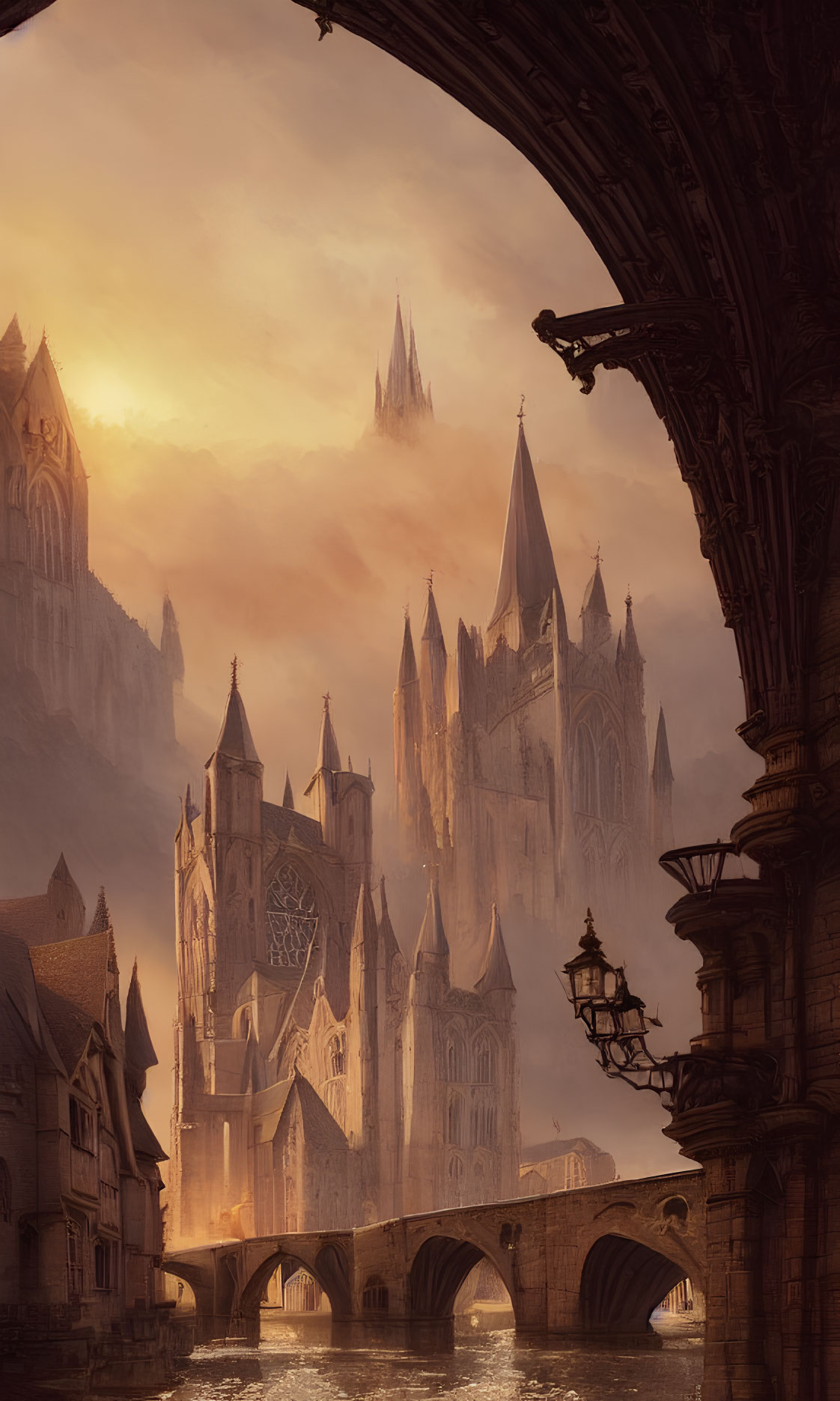 Medieval cityscape with spires, stone bridge, and street lamp at sunset