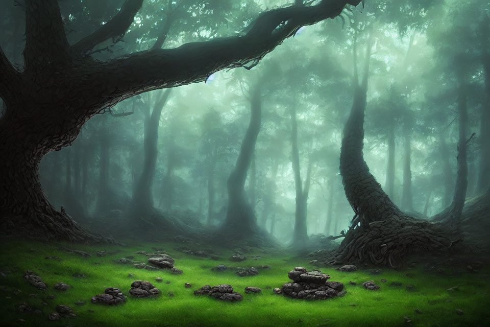 Mystical forest scene: fog, twisted trees, green undergrowth, stone circles