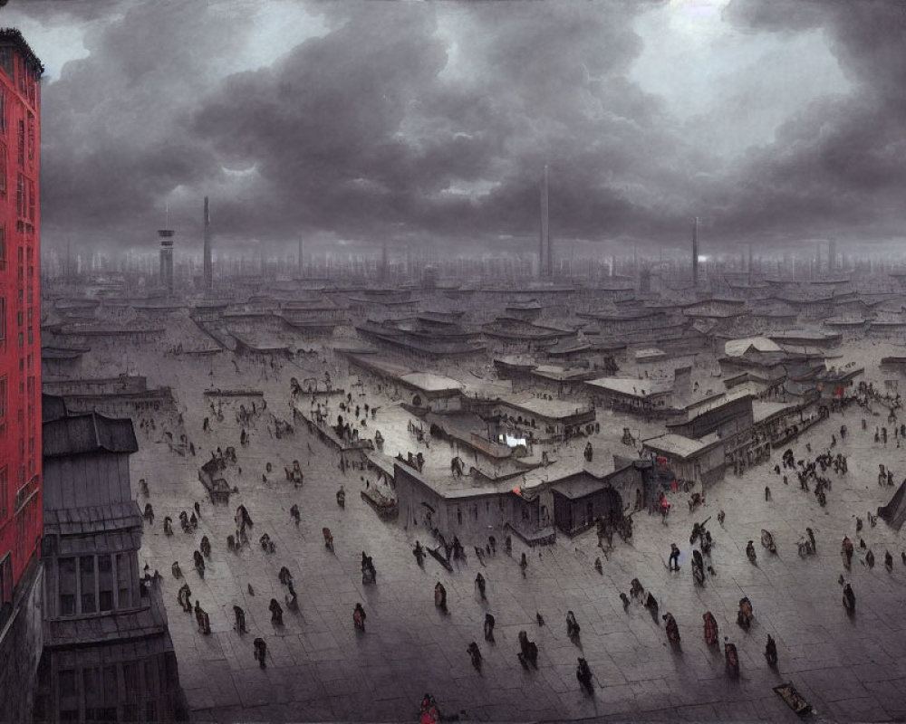 Dystopian cityscape with smog, crowded streets, and red building