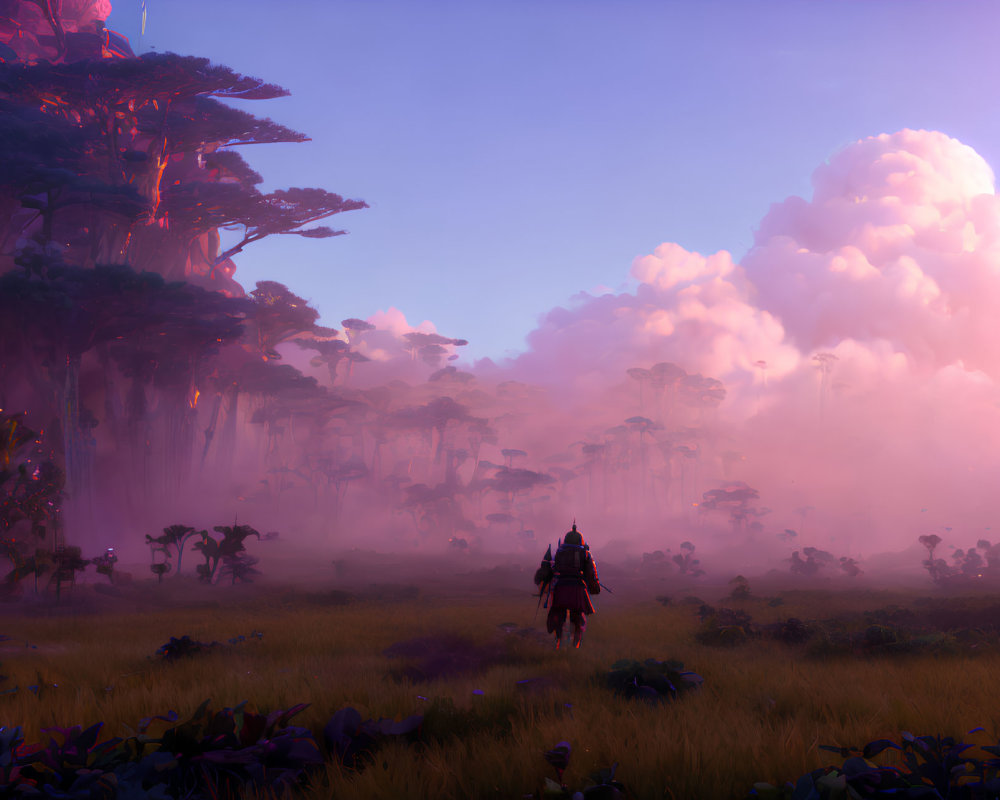 Armored figure in mystical forest with floating islands and purple hues