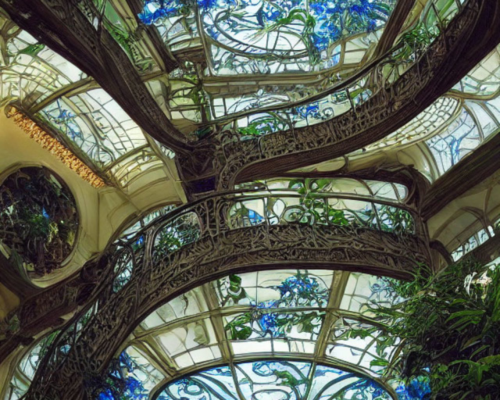 Intricate ironwork with blue floral design under glass dome