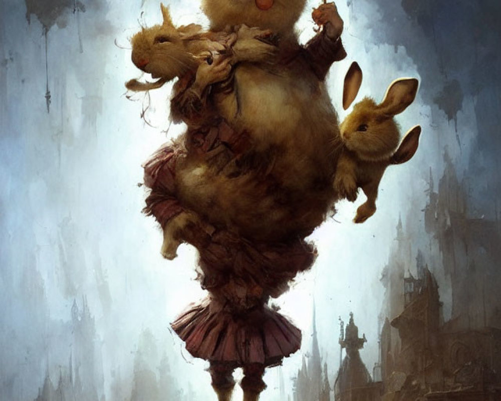 Whimsical giant fluffy rabbit with heart balloon and bunnies on pillar in rainy cityscape