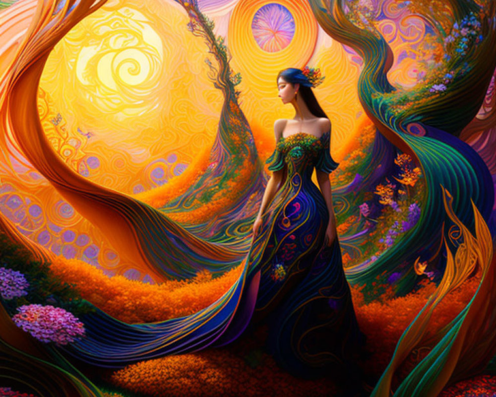 Woman in ornate dress surrounded by vibrant swirling colors