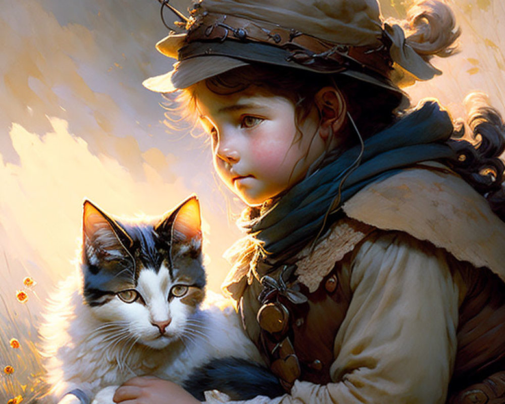 Child in Vintage Clothes Holding Cat in Sunlit Pastoral Setting