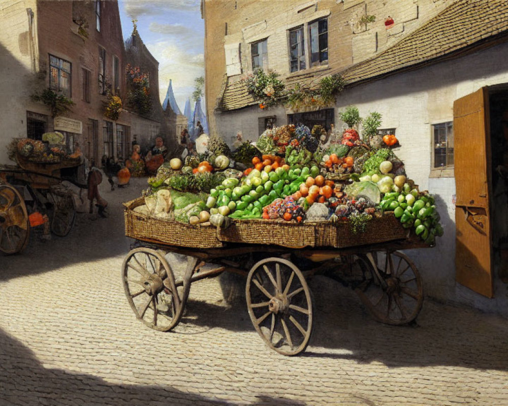 Vibrant fruits and vegetables on bustling European street scene