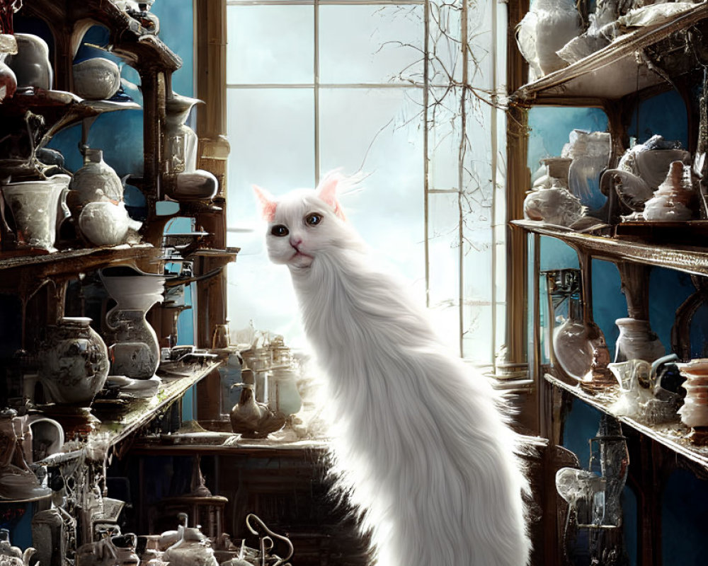 White Long-Haired Cat in Antique Shop with Pottery Display