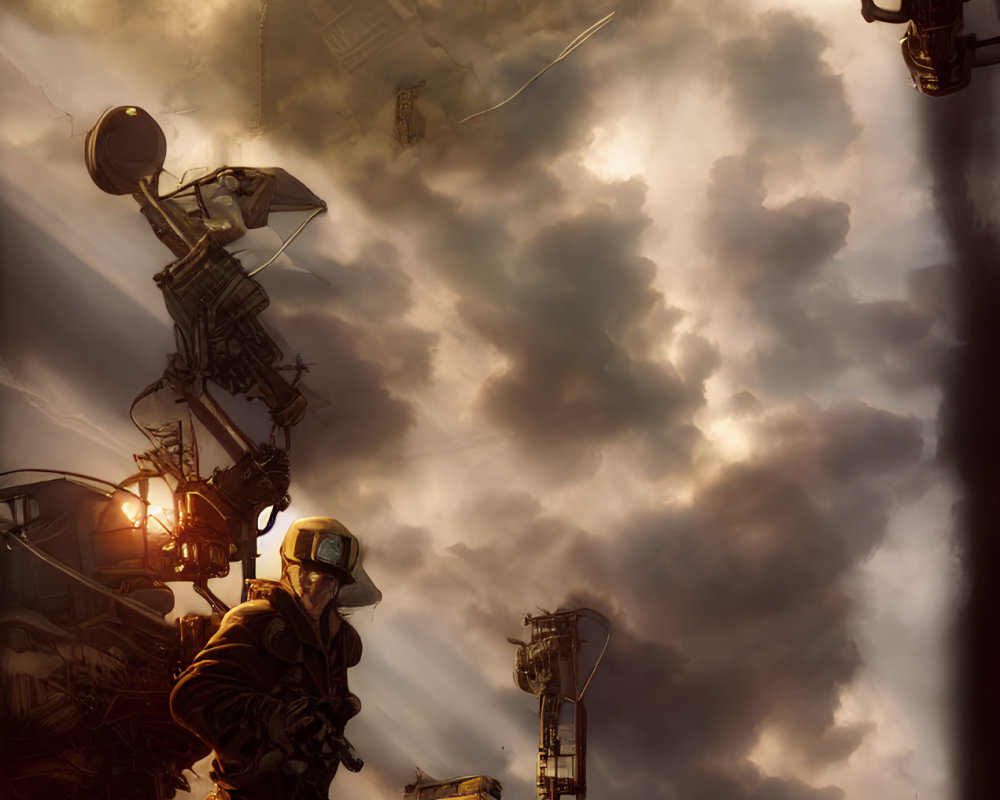 Person in protective gear amidst industrial structures under dramatic sky with cables and lights.