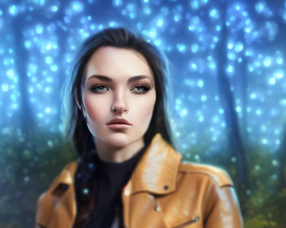 Striking woman in digital portrait in mystical forest with blue lights