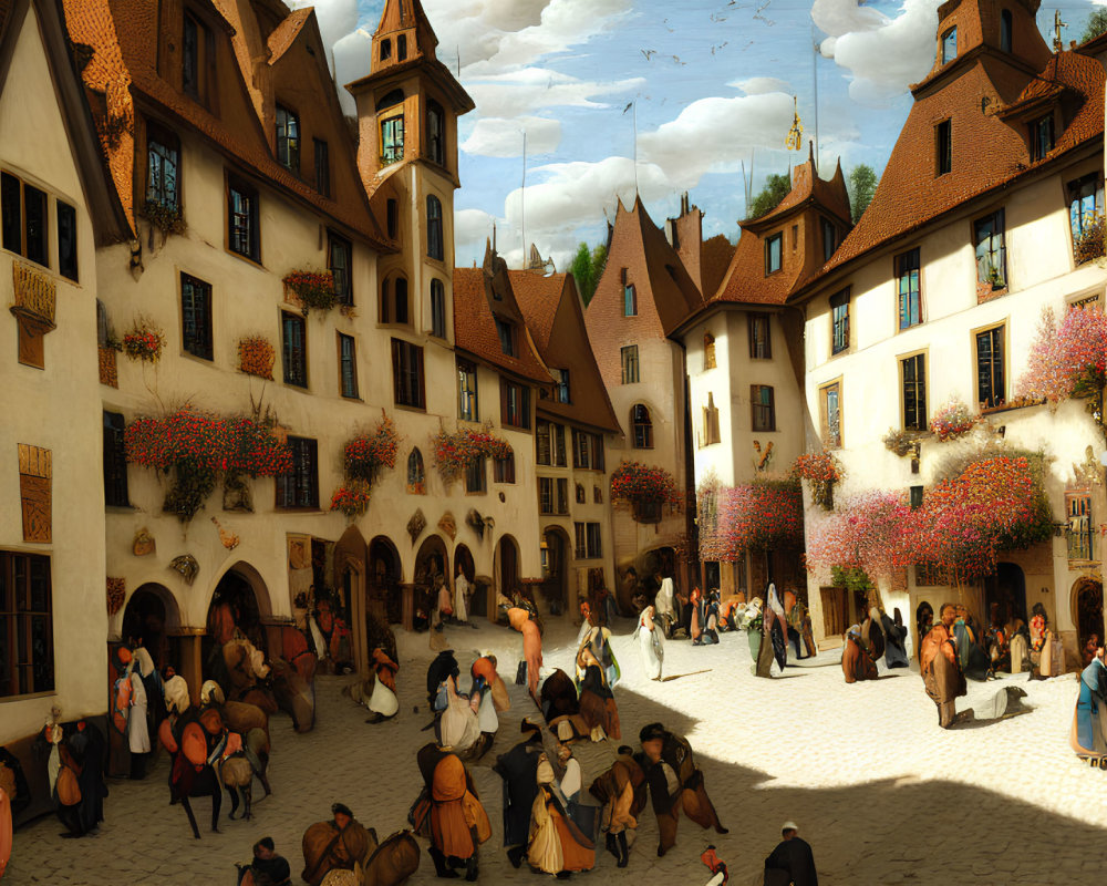 Medieval town square with people in period attire and half-timbered houses.