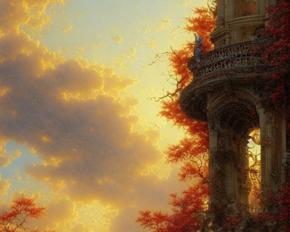 Ornate balcony with red foliage overlooking cityscape at sunset