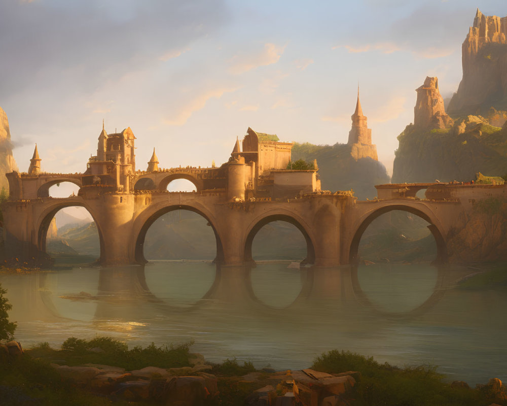 Majestic fantasy landscape with bridge, towers, castle, and cliffs