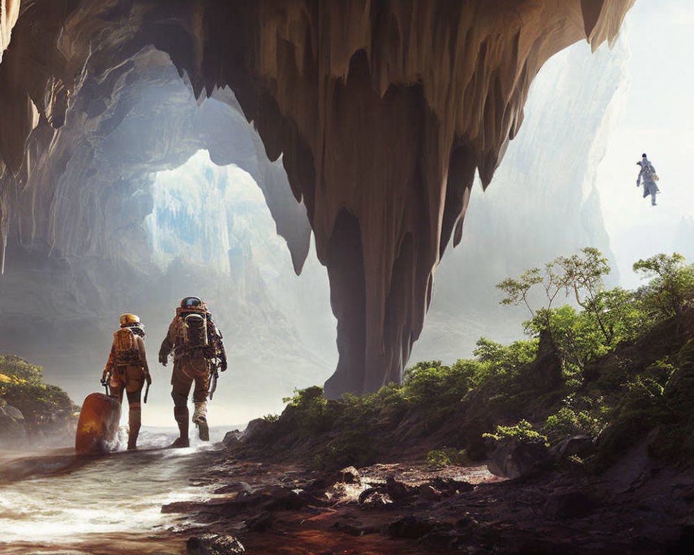 Astronauts exploring cavern with floating figure in sunlit environment